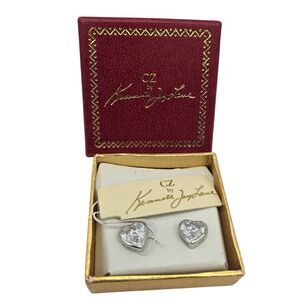 Vintage CZ by Kenneth Jay Lane Heart Stone Stud Earrings Silver Tone NEW